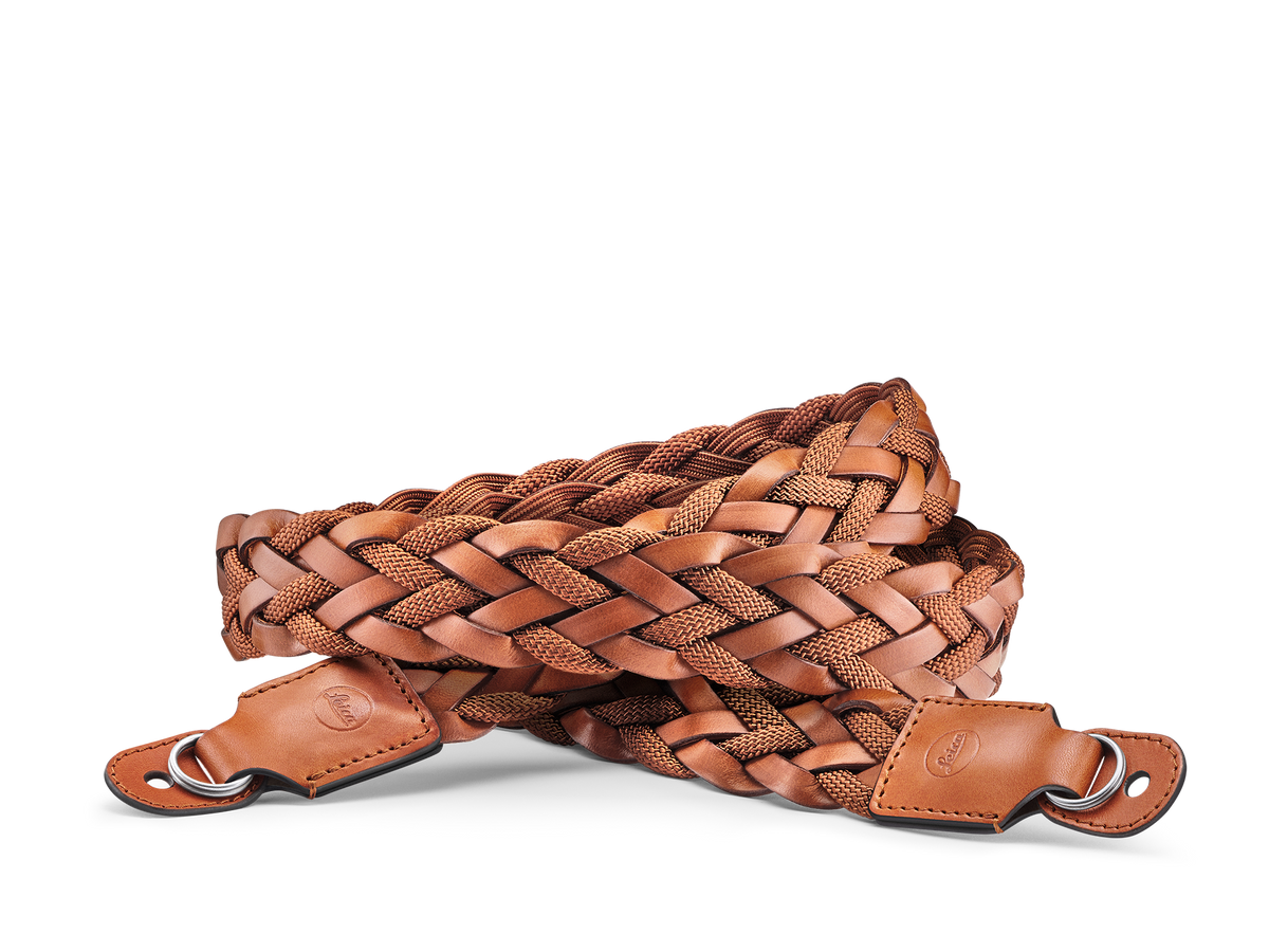 Leica Carrying Strap, Flat Braided Rayon & Leather Cord, Cognac