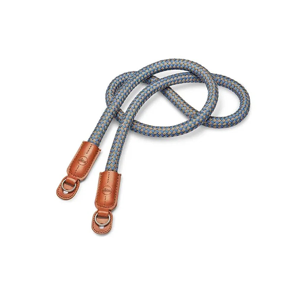 CARRYING STRAP, ROUND BRAIDED RAYON & LEATHER CORD, COGNAC, DENIM BLUE
